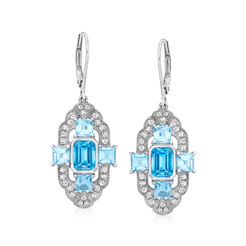 Sterling silver leverback drop earrings with blue and clear topaz gemstones