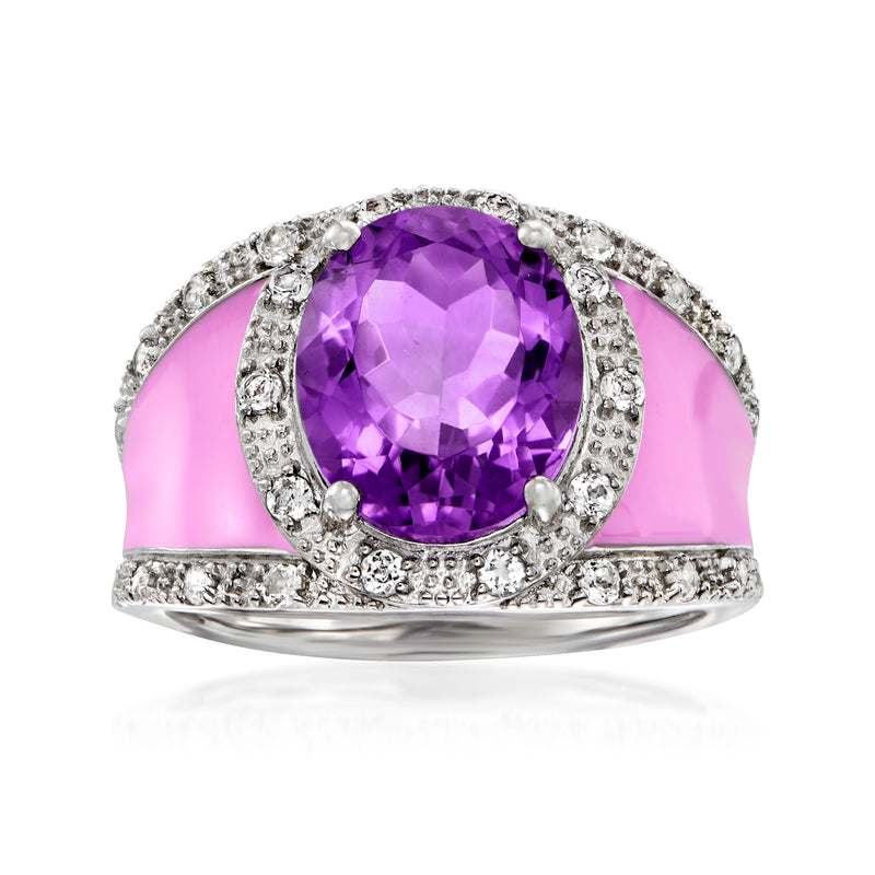 Sterling silver ring with oval amethyst center, fuchsia enamel, diamond halo