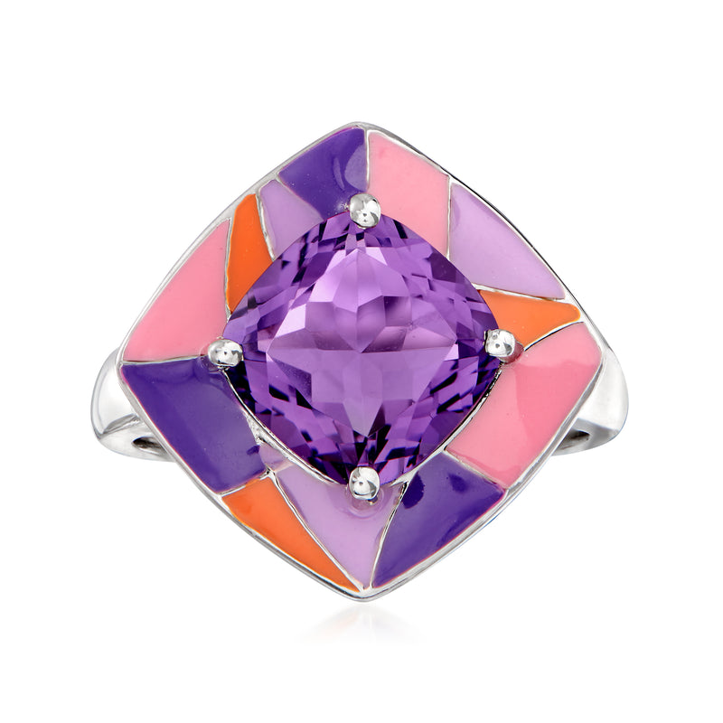 Sterling silver ring with large amethyst purple gemstone and multicolor enamel chevrons