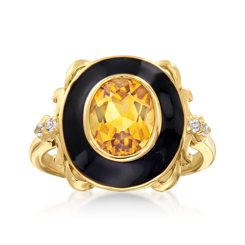 Gold over sterling ring with black enamel oval bezel, citrine center, white stones on sides