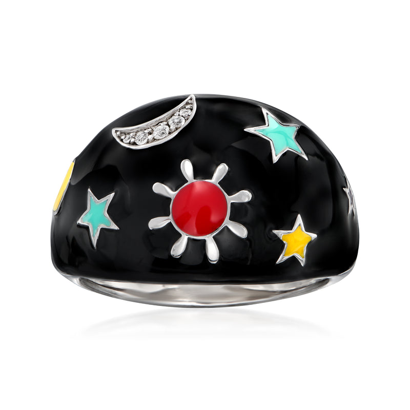 Sterling silver ring with black enamel, red sun, star accents, and white gemstone details