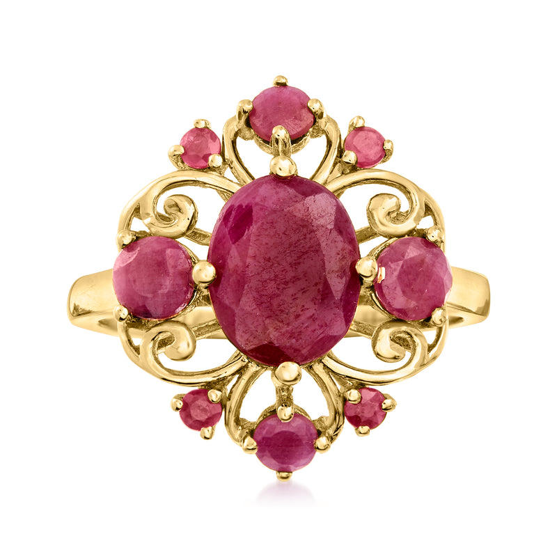 14kt yellow gold ruby swirl ring with oval center ruby and small round rubies