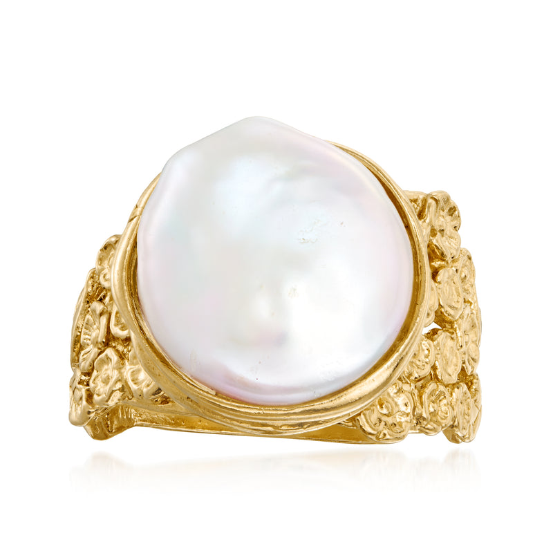 14mm cultured coin pearl ring in 18kt gold over sterling; oval white pearl set in gold