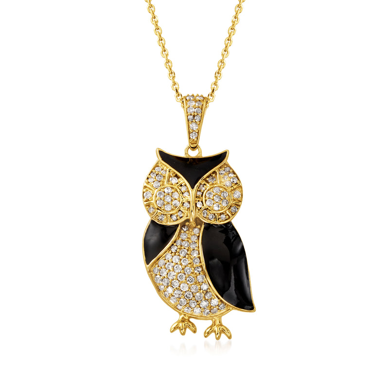 Diamond owl pendant necklace in 18kt gold over sterling with black enamel accents