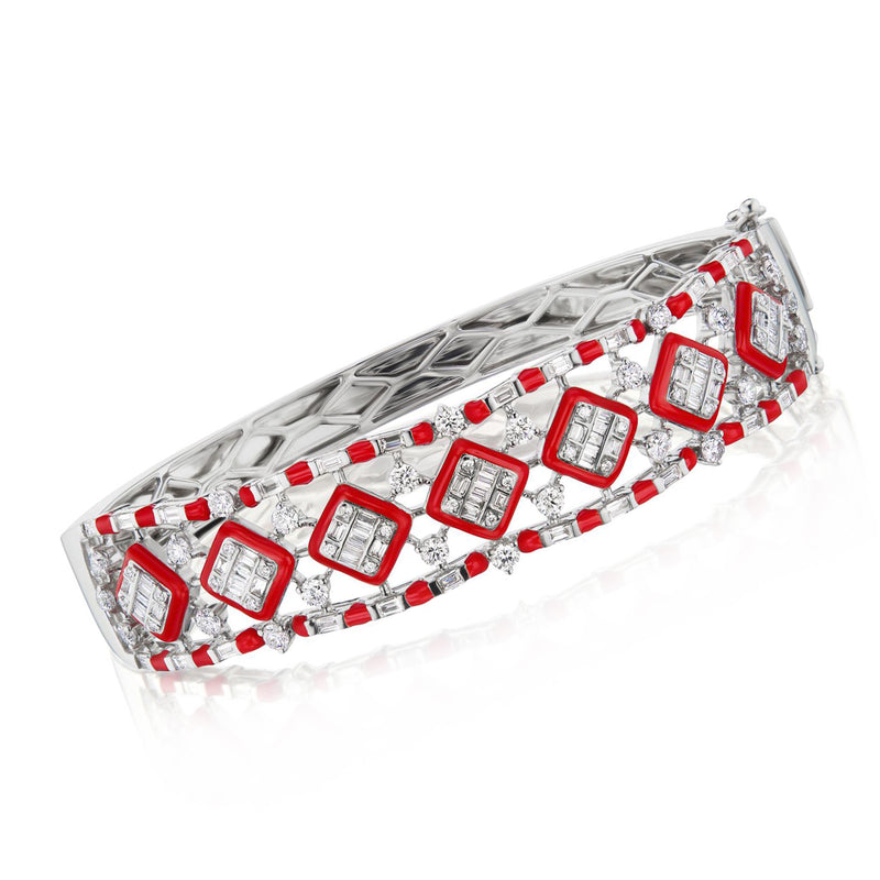 18kt white gold bangle bracelet with red enamel squares and diamond accents