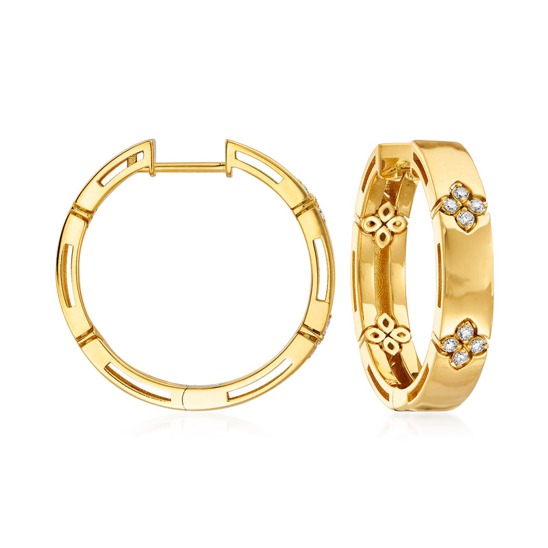 18kt yellow gold hoop earrings with small diamond accents and patterned design