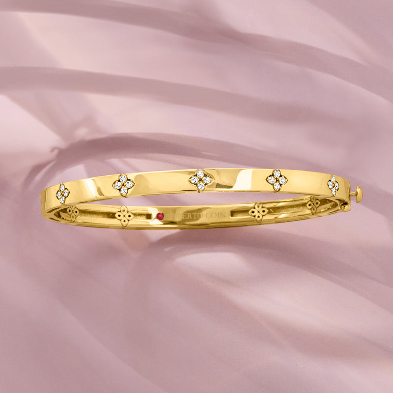 Yellow gold Love in Verona bracelet with round diamonds, red accent, hinged clasp