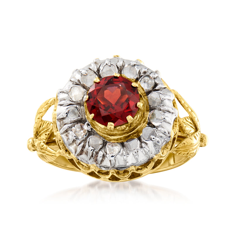 Vintage garnet and diamond ring in 14kt yellow gold, round red center with halo
