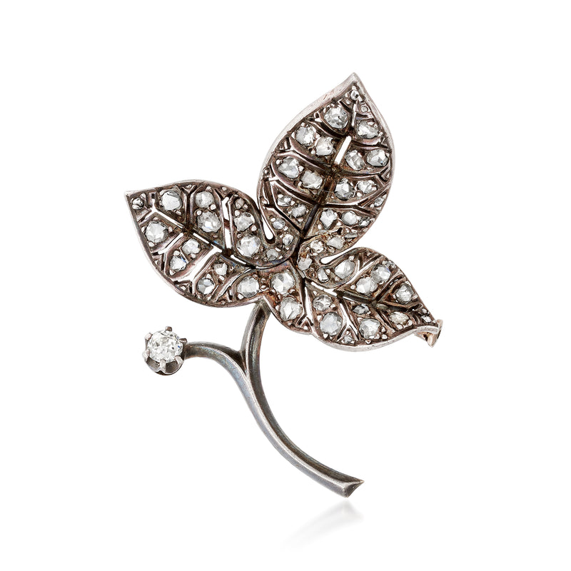 Vintage diamond leaf pin in sterling silver with sparkling clear stones