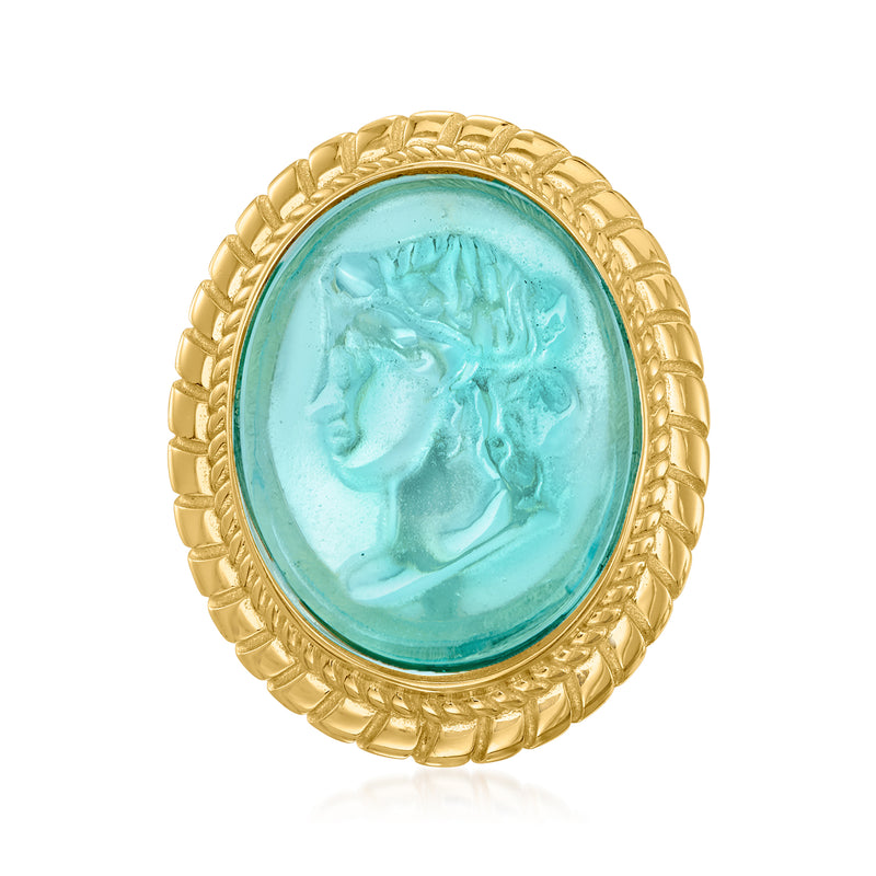 Oval turquoise glass cameo ring in gold over sterling, braided bezel