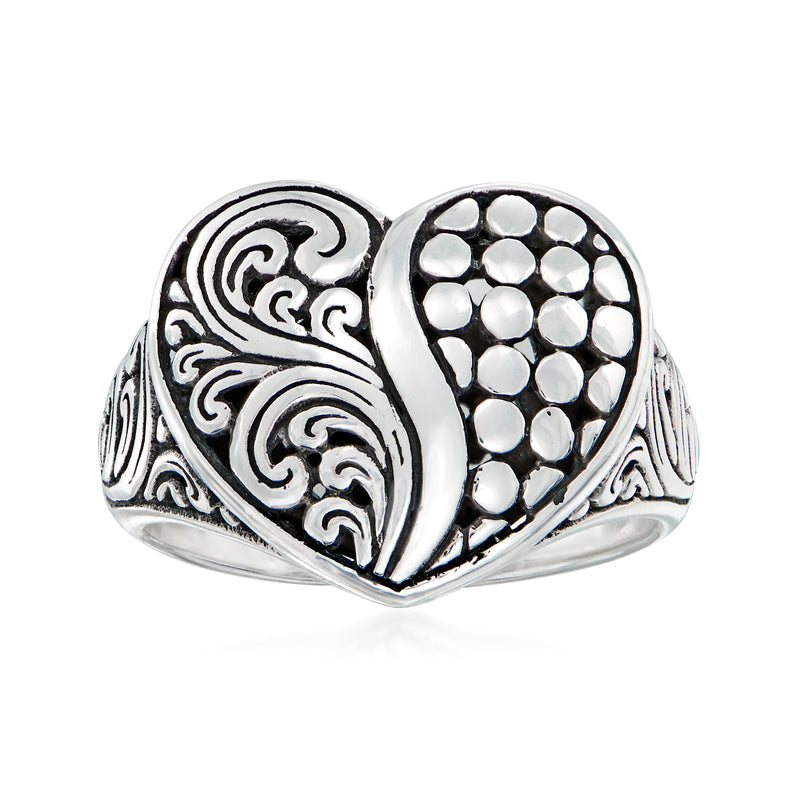Sterling silver heart ring with Bali-style swirl engraving and textured dotted heart panel