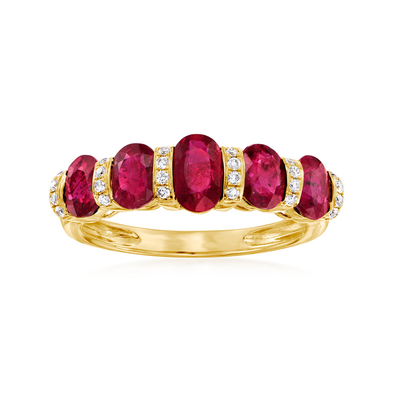 14kt yellow gold ruby and diamond band ring with oval pink-red rubies and round diamonds
