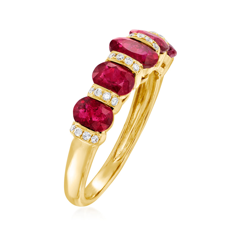 14kt yellow gold ruby and diamond ring with five oval pink-red rubies and diamond accents
