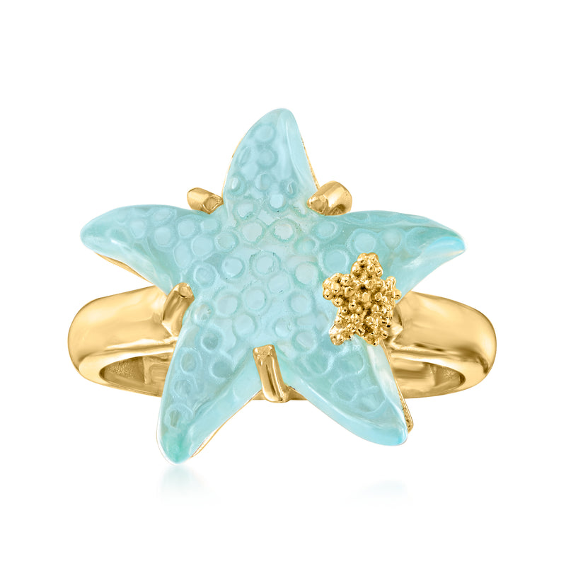 Blue starfish glass ring with gold-tone band and textured star detail
