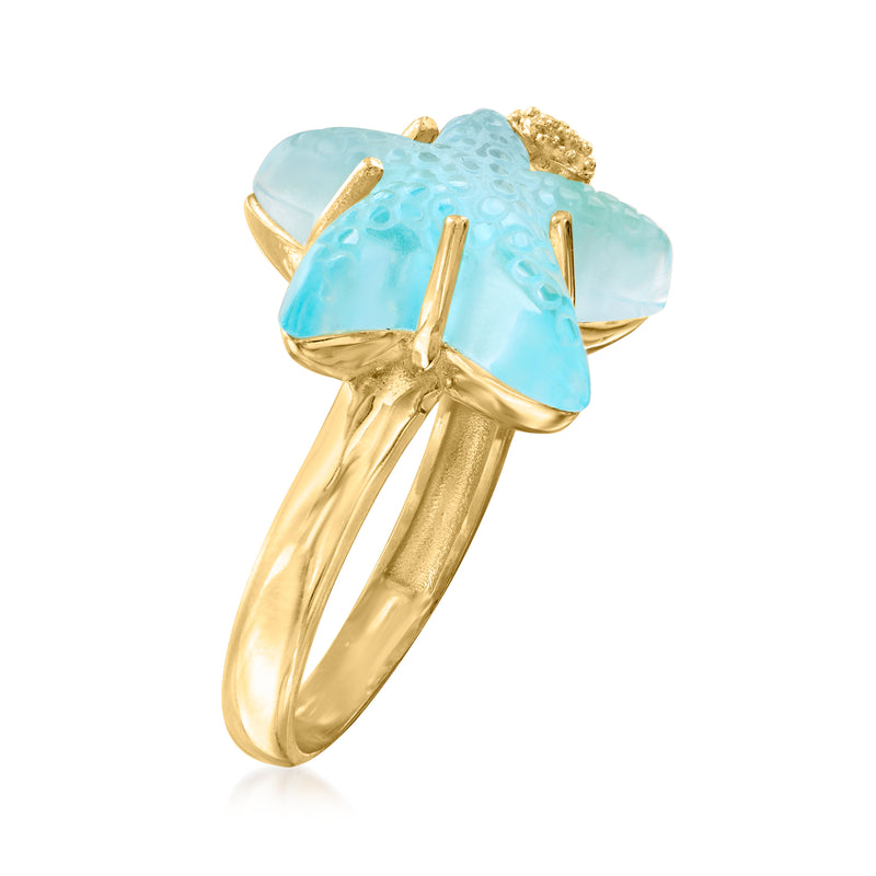 Aqua blue starfish glass ring on gold-tone band, side view