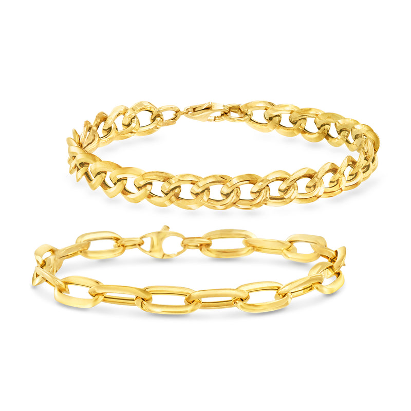 14kt yellow gold curb-link & paper clip link bracelet set, two chain bracelets