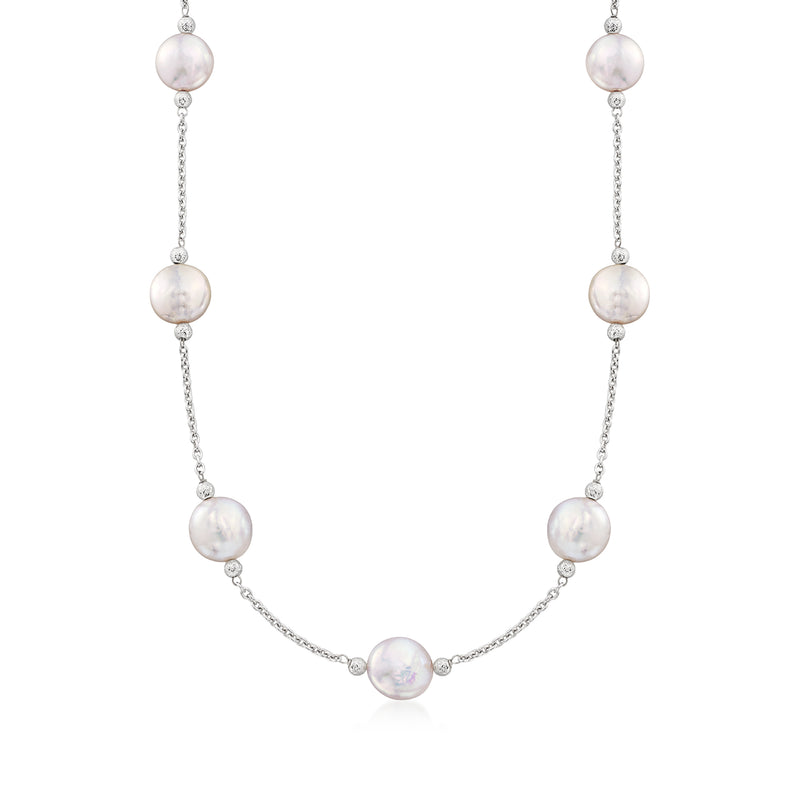 Sterling silver pearl station necklace with baroque coin pearls, graduated links