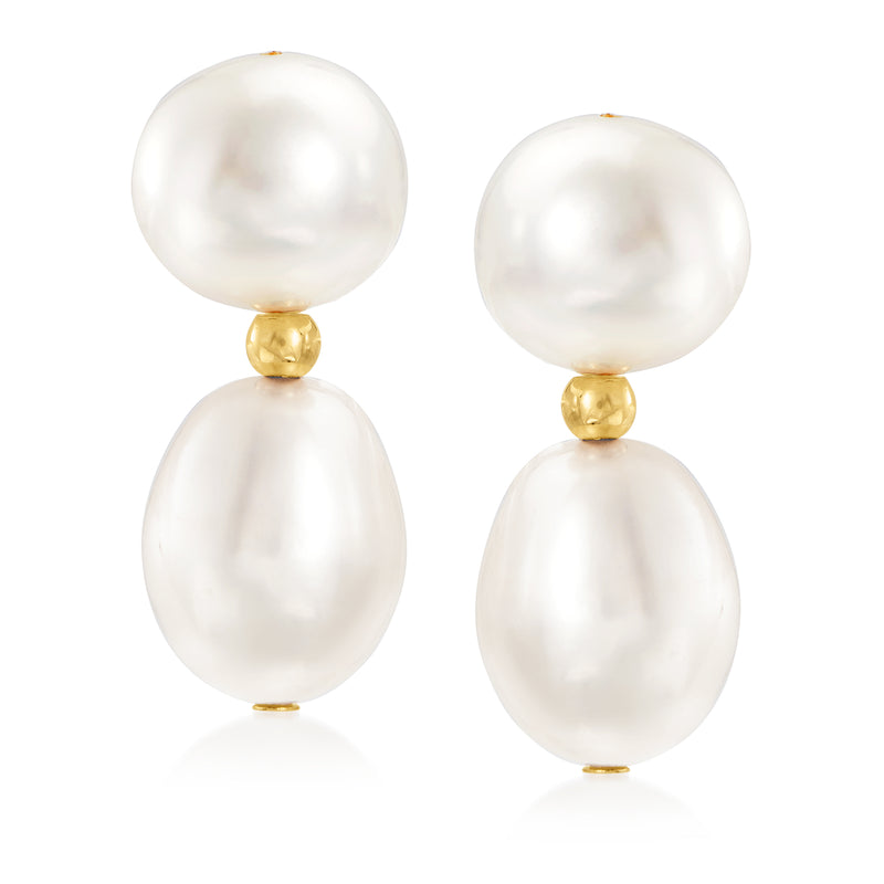 14kt yellow gold pearl drop earrings with two white cultured pearls, round top & teardrop