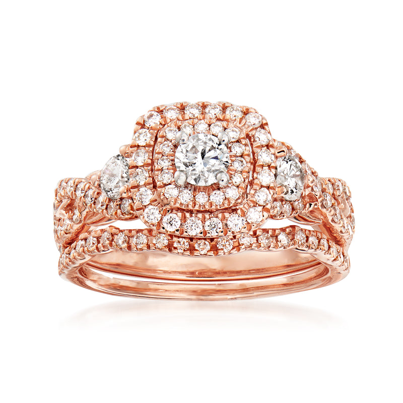 14kt rose gold diamond bridal set, oval center stone with pave stacked bands
