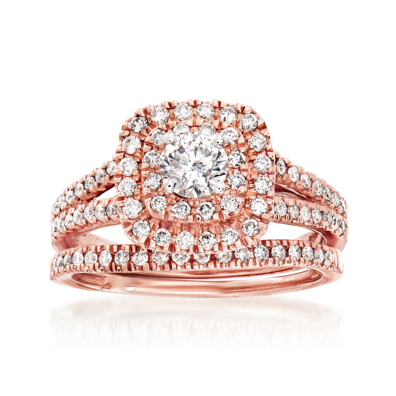 Rose gold diamond bridal set with round center stone and pavé bands