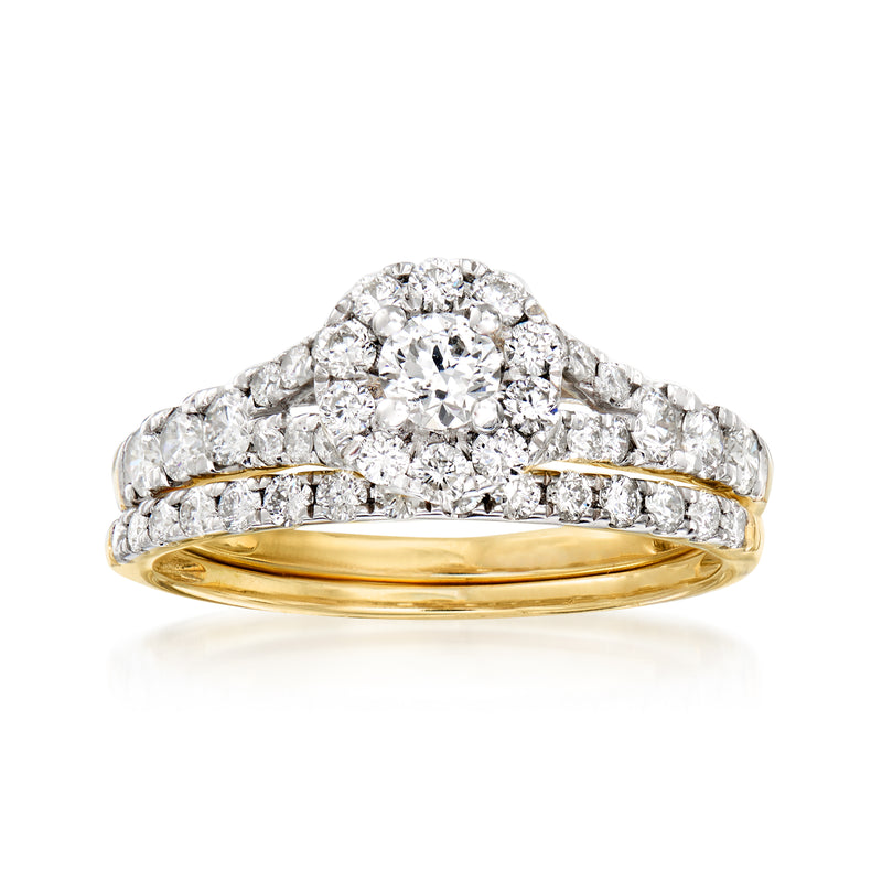 14kt yellow gold diamond bridal set with three sparkling ring bands and round-cut stones