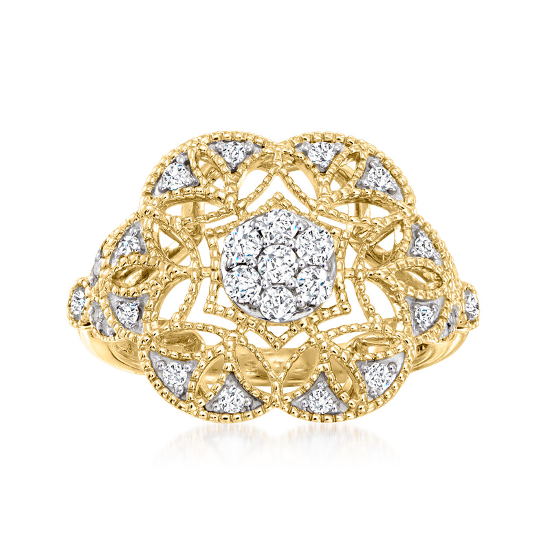 14kt yellow gold diamond openwork ring with milgrain, round center and side stones