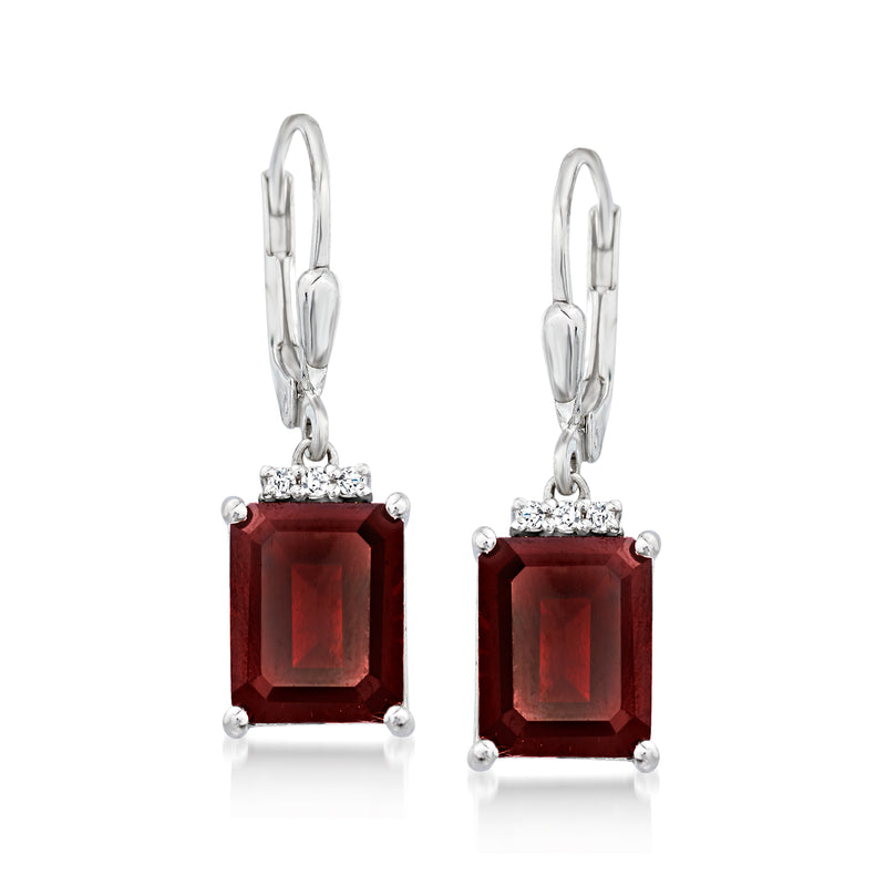 Sterling silver leverback drop earrings with maroon garnet stones and diamond accents