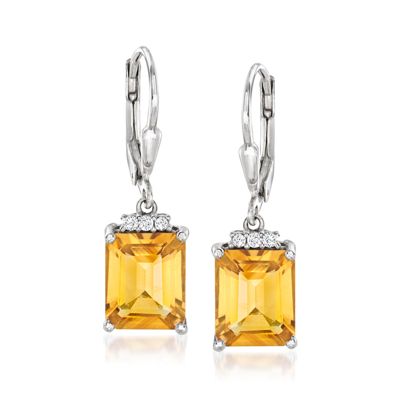 Sterling silver leverback drop earrings with square citrine and white topaz stones