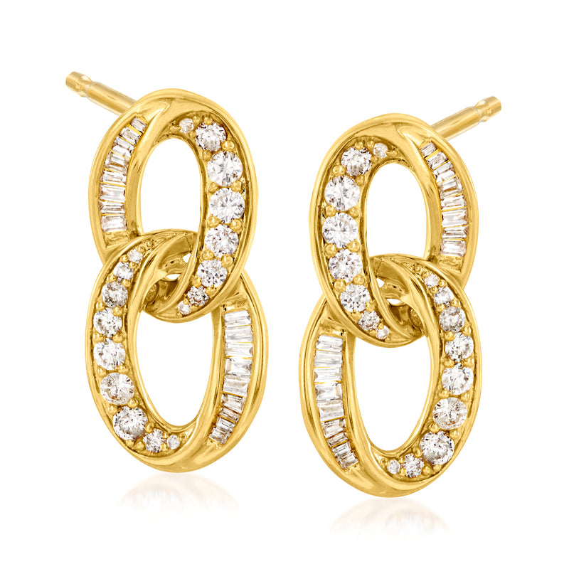 14kt yellow gold diamond interlocking oval drop earrings with round and baguette diamonds