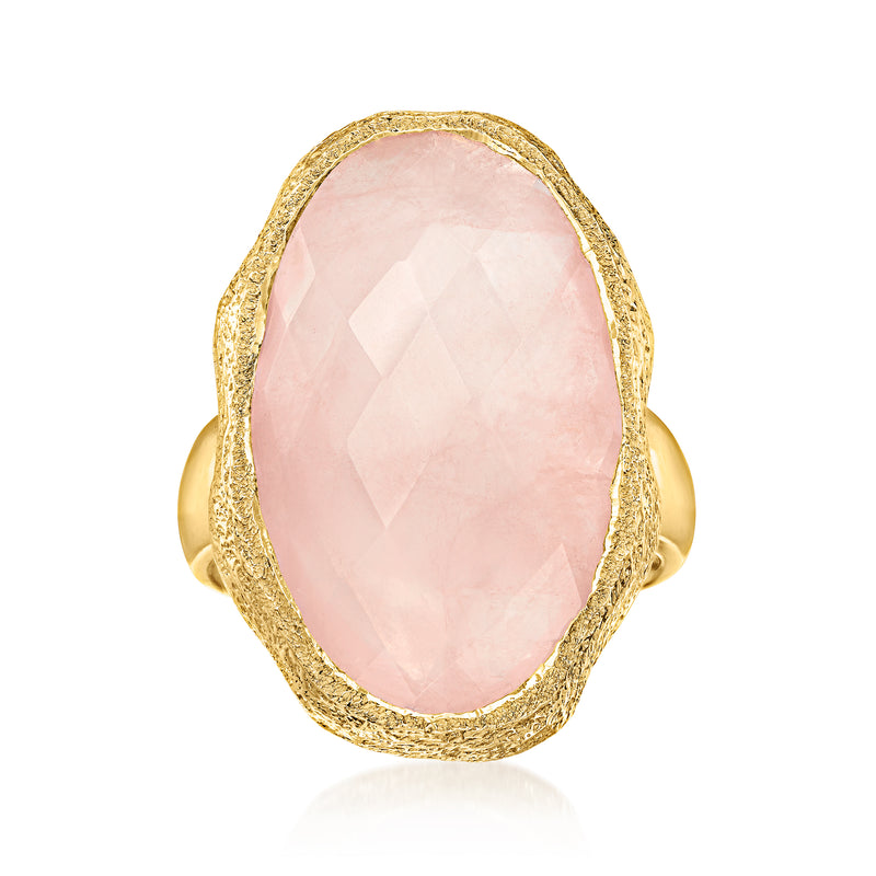 Rose quartz oval ring with textured 18k gold-plated bezel and gold band
