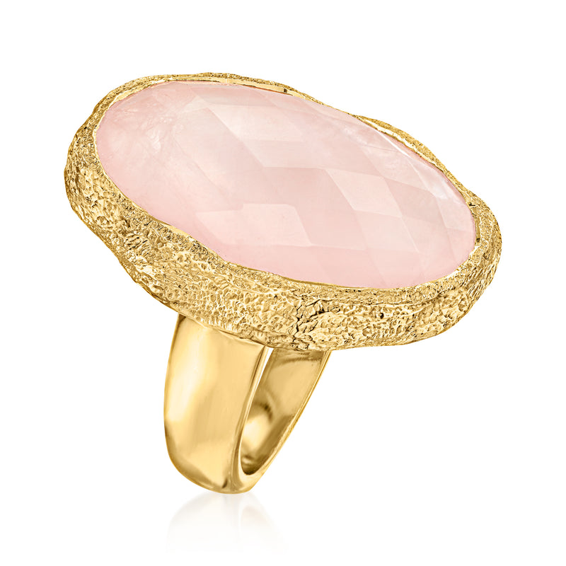 Oval rose quartz statement ring in textured gold-plated setting with slim band