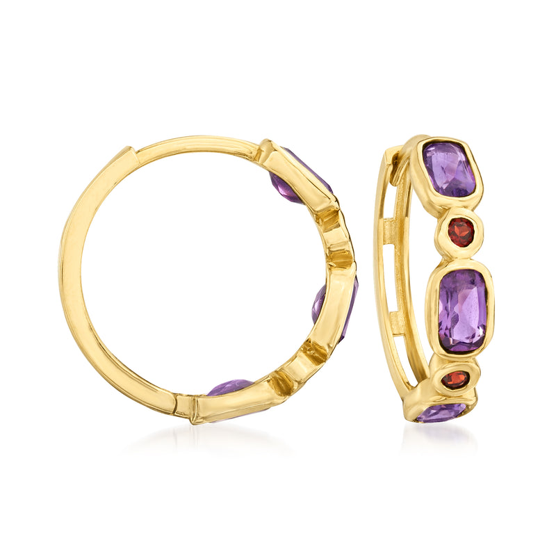 14kt yellow gold hoop earrings with amethyst and garnet gemstone accents