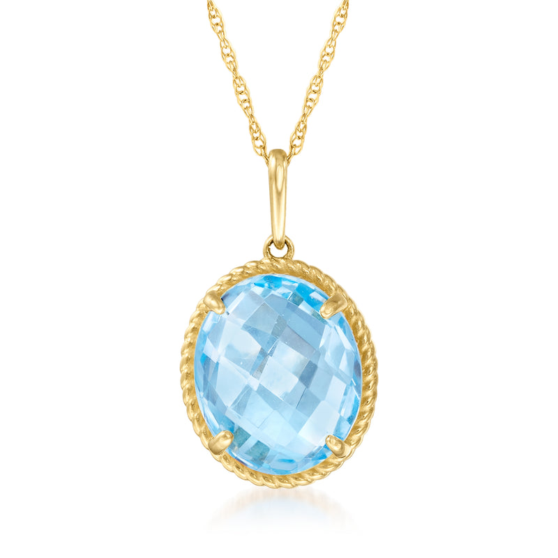 14kt yellow gold pendant necklace with oval light blue topaz in bezel frame