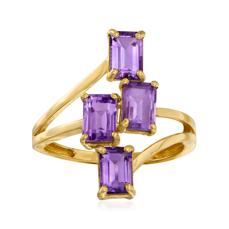 14kt yellow gold amethyst ring with three rectangular purple stones, prong-set