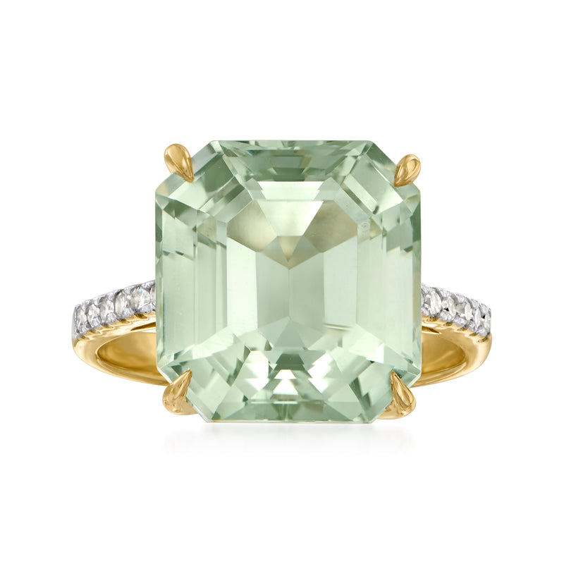 14kt yellow gold ring with large square prasiolite center and diamond band accents