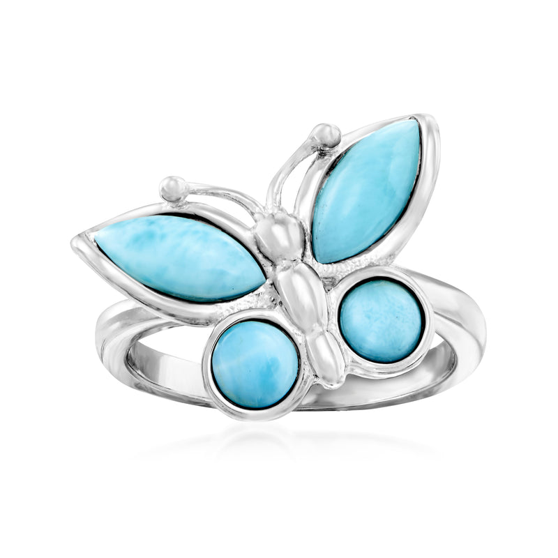Sterling silver butterfly ring with blue Larimar cabochons