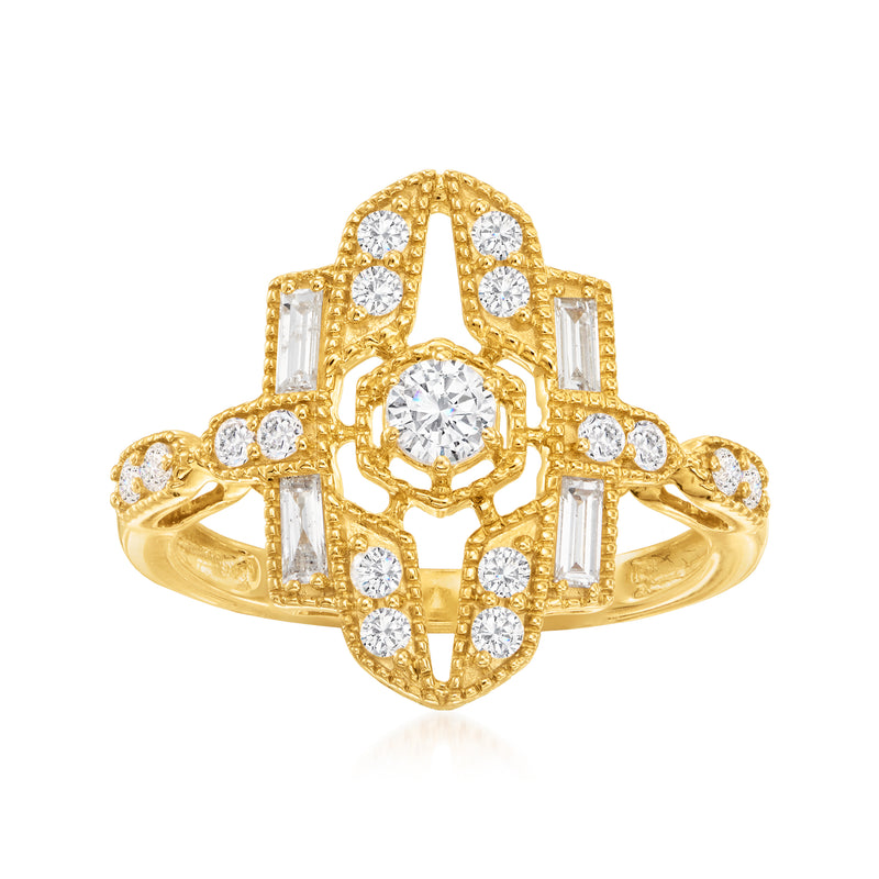 14kt yellow gold diamond openwork milgrain ring with round center and halo of stones