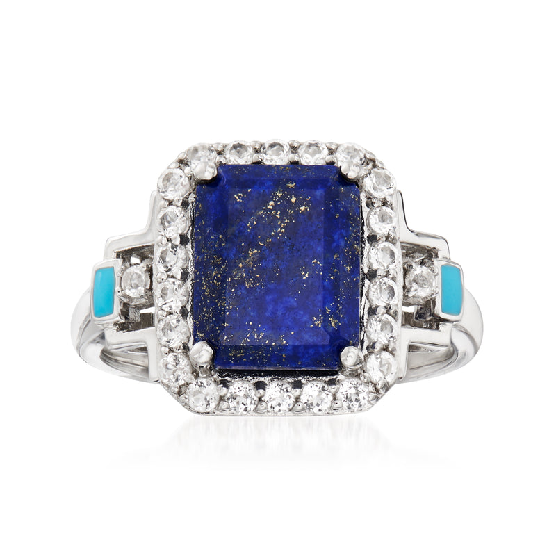 Sterling silver ring with square lapis center, white topaz halo, and turquoise enamel side accents