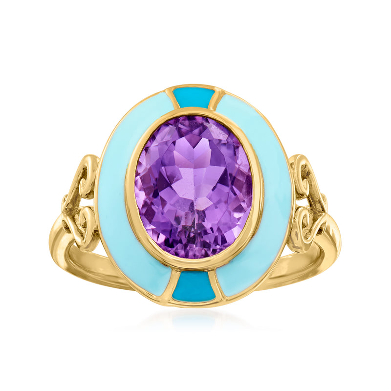 18kt gold over sterling amethyst ring with round purple gemstone and blue enamel setting