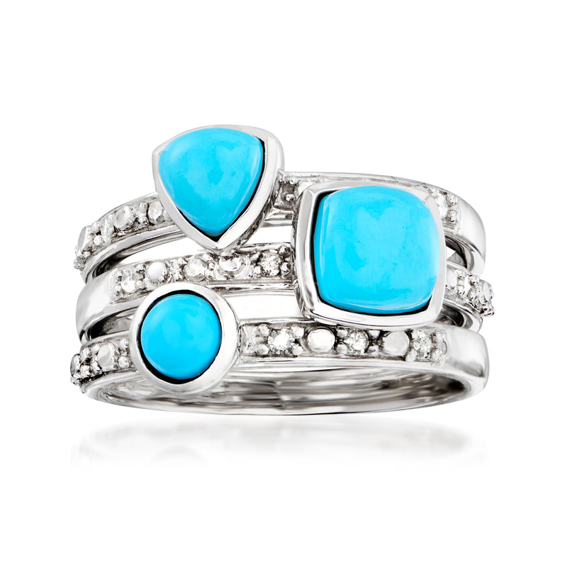 Three sterling silver rings with turquoise stones and diamond accents