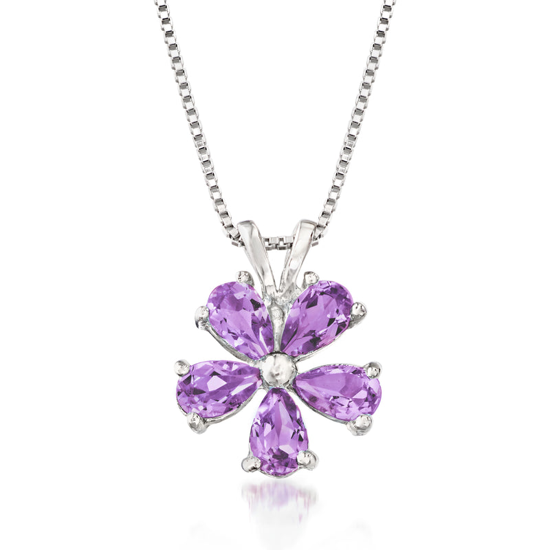 Sterling silver amethyst flower pendant necklace with five purple oval stones