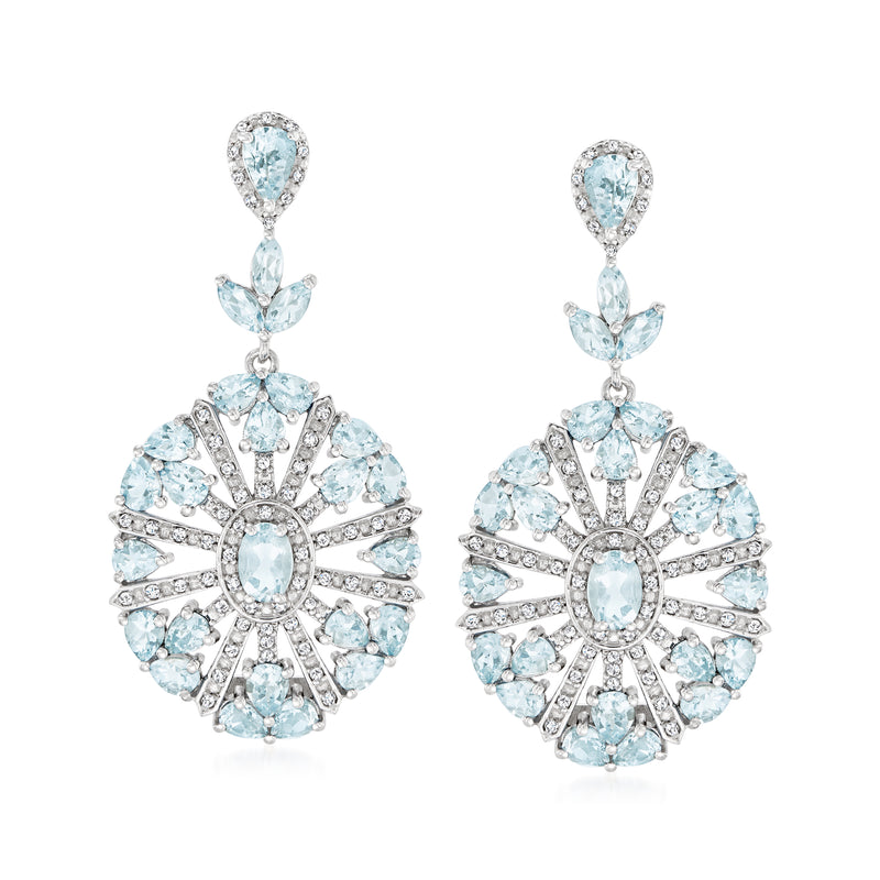 Sterling silver aquamarine and diamond drop earrings with sunburst blue stones