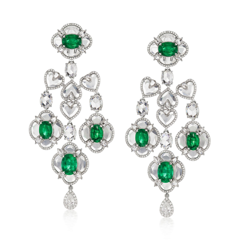 Chandelier earrings in 18kt white gold with green oval emerald accents and clear stones