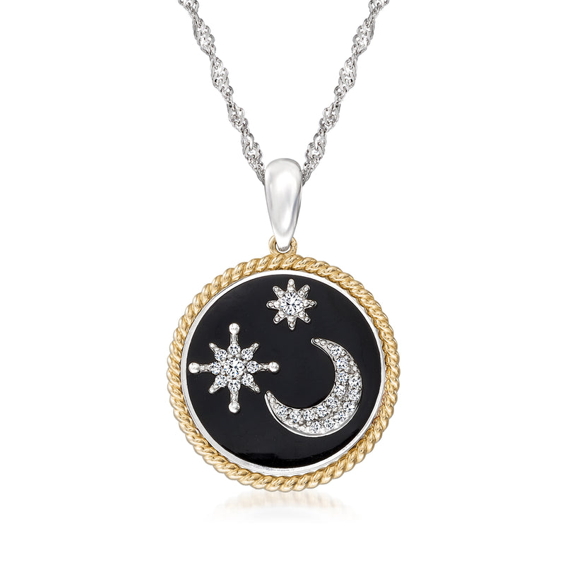 Sterling silver necklace with round black celestial pendant, gold rope border, moon and star charms