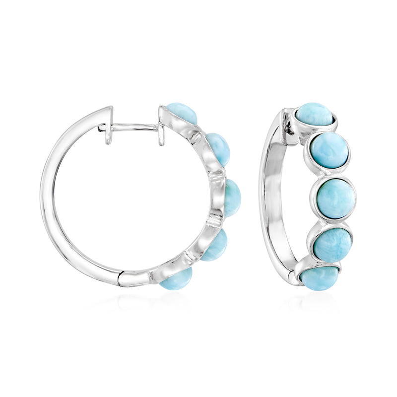 Sterling silver hoop earrings with oval light-blue larimar cabochon stones