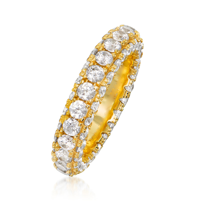 Side view of gold over sterling CZ eternity band with raised round stones