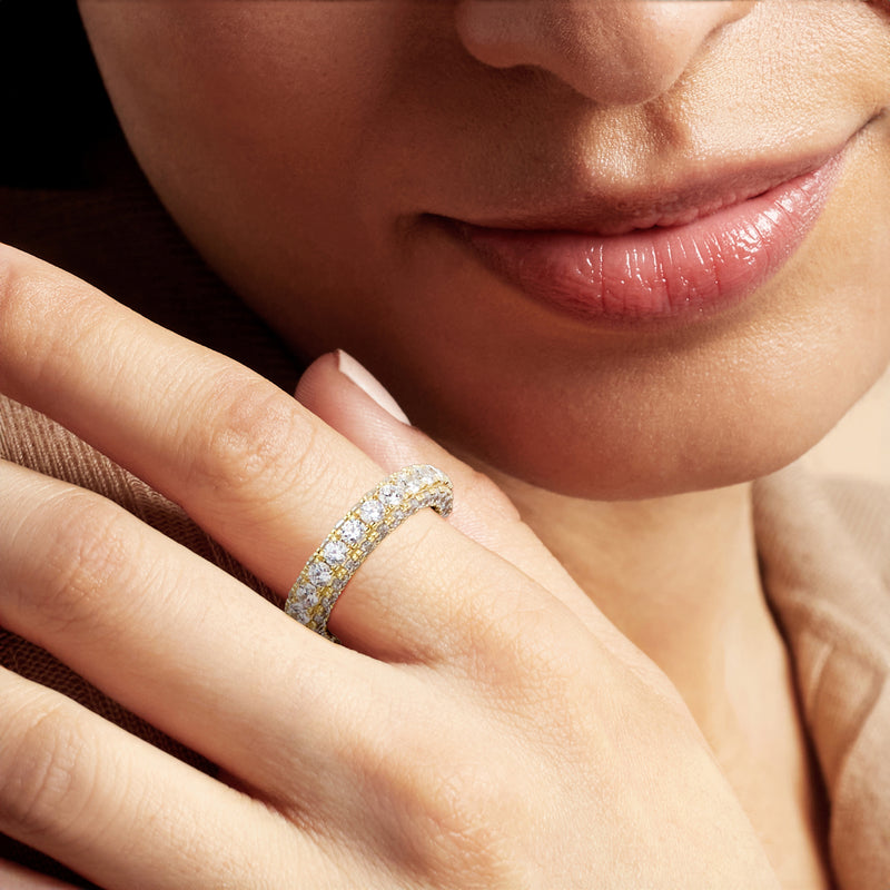 CZ eternity band ring on finger, gold setting with round stones