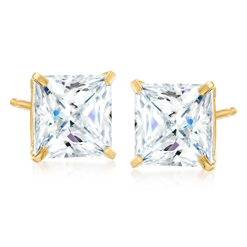 14kt yellow gold CZ princess-cut stud earrings, square stones with four-prong settings