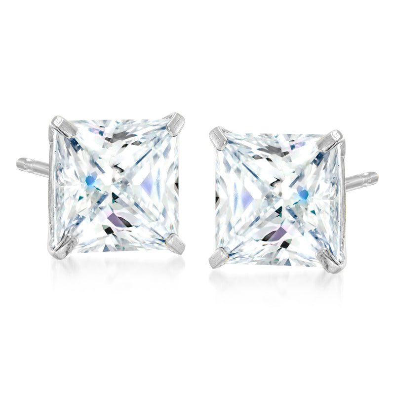 Princess-cut CZ stud earrings in 14kt white gold, square stone with prongs