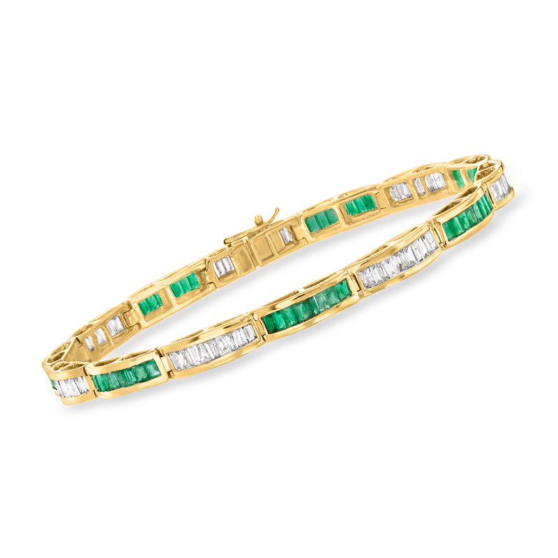 14kt yellow gold tennis bracelet with emerald green and white diamond stones